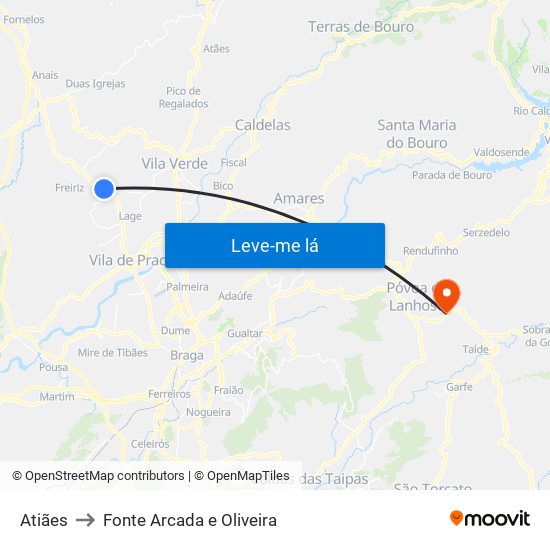 Atiães to Fonte Arcada e Oliveira map