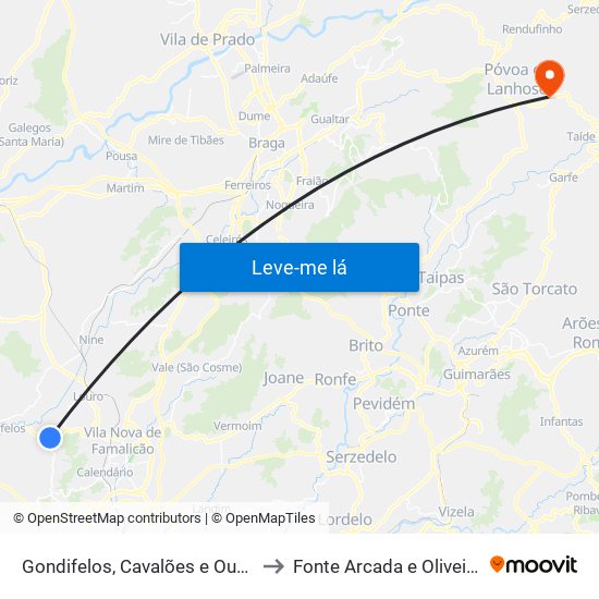 Gondifelos, Cavalões e Outiz to Fonte Arcada e Oliveira map