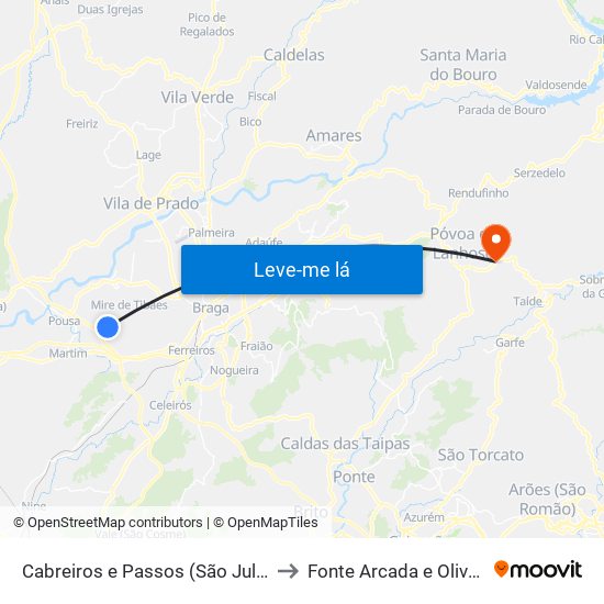 Cabreiros e Passos (São Julião) to Fonte Arcada e Oliveira map