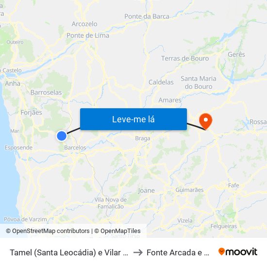 Tamel (Santa Leocádia) e Vilar do Monte to Fonte Arcada e Oliveira map