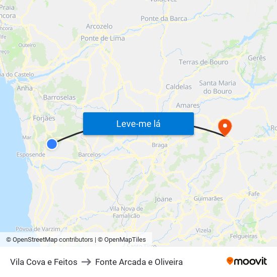 Vila Cova e Feitos to Fonte Arcada e Oliveira map