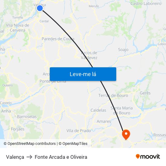 Valença to Fonte Arcada e Oliveira map