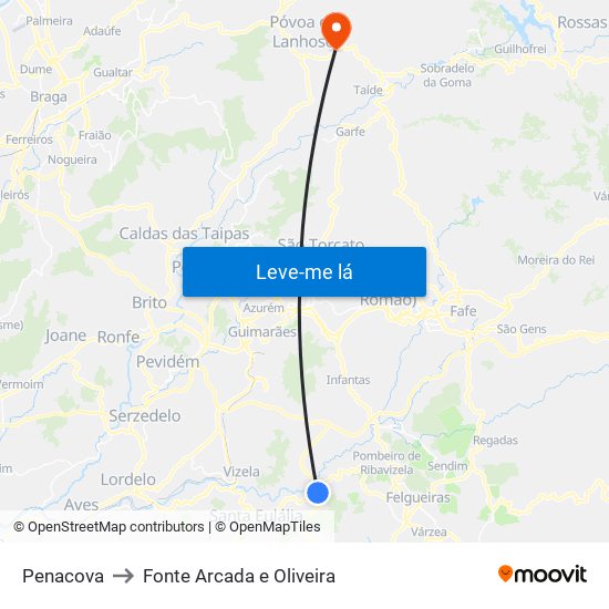 Penacova to Fonte Arcada e Oliveira map