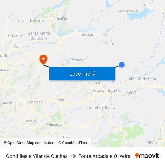 Gondiães e Vilar de Cunhas to Fonte Arcada e Oliveira map