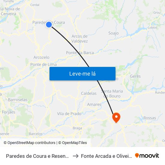 Paredes de Coura e Resende to Fonte Arcada e Oliveira map