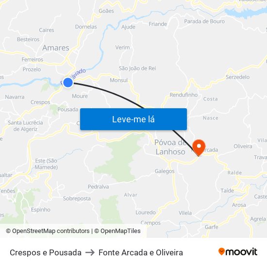 Crespos e Pousada to Fonte Arcada e Oliveira map