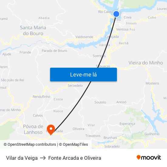 Vilar da Veiga to Fonte Arcada e Oliveira map