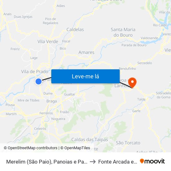 Merelim (São Paio), Panoias e Parada de Tibães to Fonte Arcada e Oliveira map