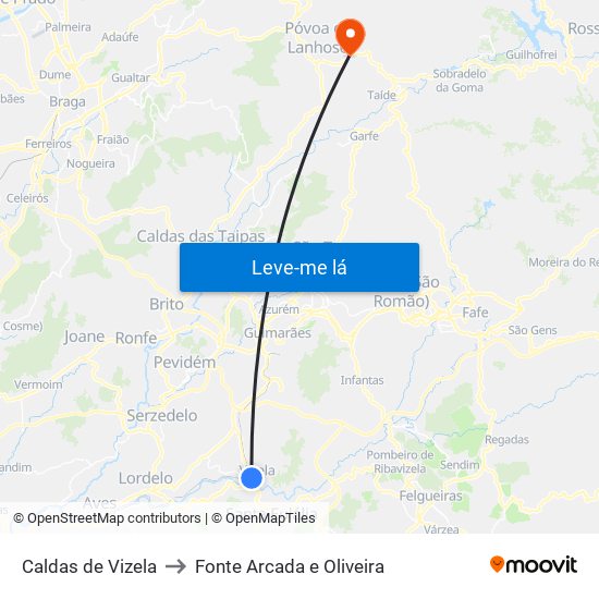 Caldas de Vizela to Fonte Arcada e Oliveira map