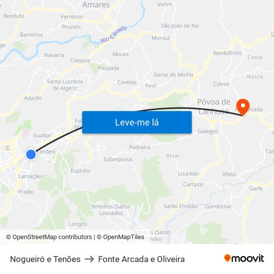 Nogueiró e Tenões to Fonte Arcada e Oliveira map