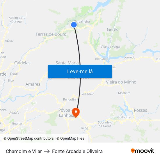 Chamoim e Vilar to Fonte Arcada e Oliveira map