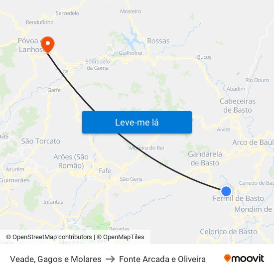Veade, Gagos e Molares to Fonte Arcada e Oliveira map