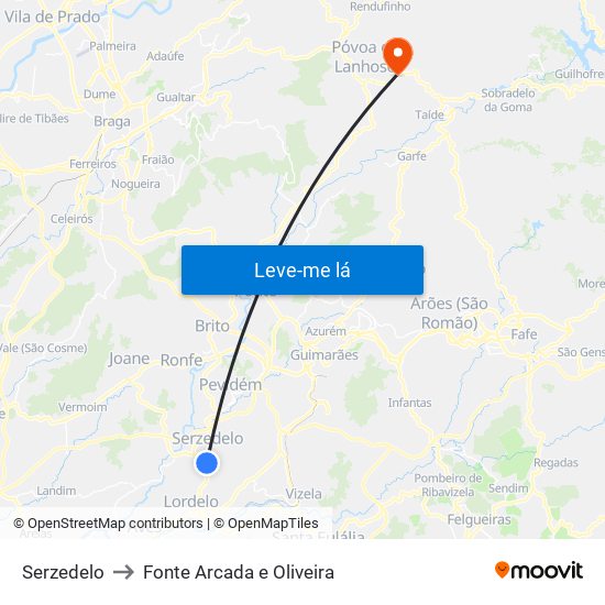 Serzedelo to Fonte Arcada e Oliveira map