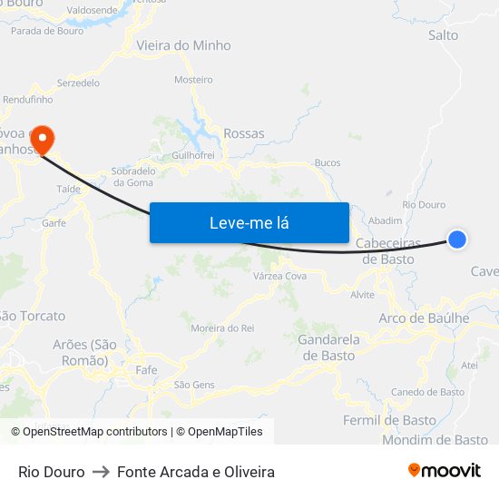 Rio Douro to Fonte Arcada e Oliveira map