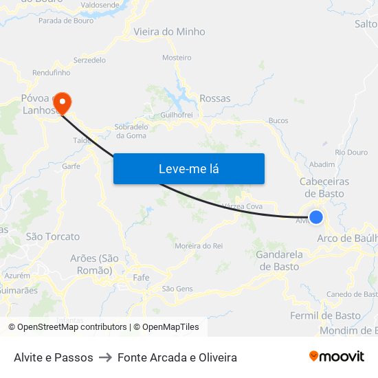 Alvite e Passos to Fonte Arcada e Oliveira map