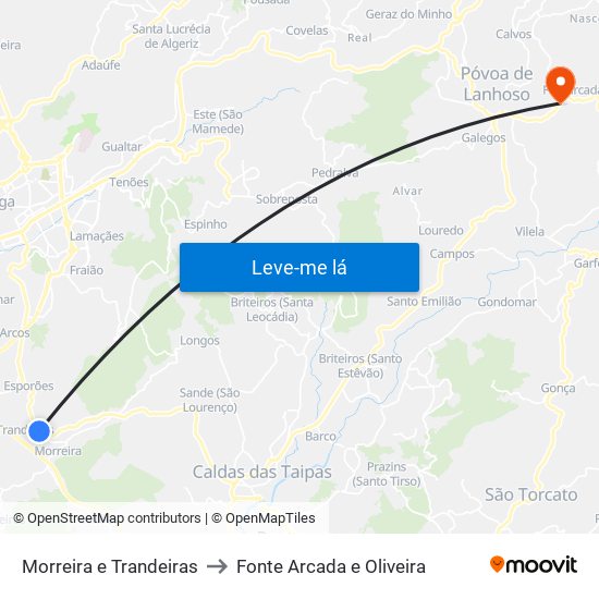 Morreira e Trandeiras to Fonte Arcada e Oliveira map