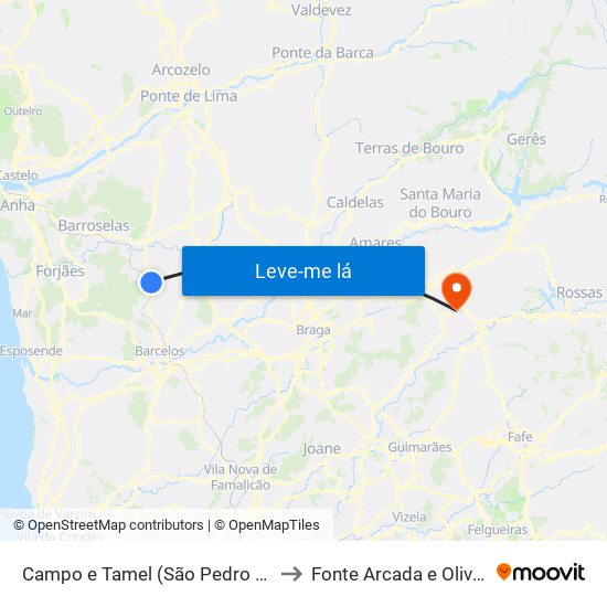 Campo e Tamel (São Pedro Fins) to Fonte Arcada e Oliveira map