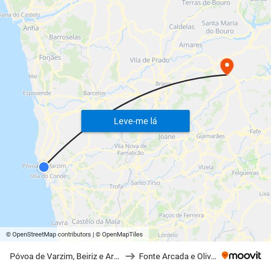 Póvoa de Varzim, Beiriz e Argivai to Fonte Arcada e Oliveira map