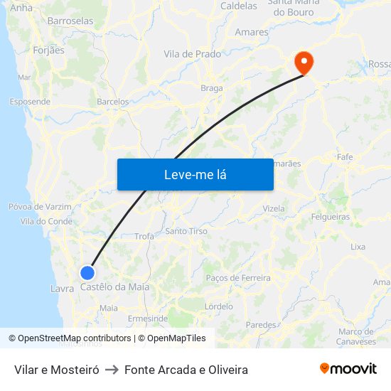 Vilar e Mosteiró to Fonte Arcada e Oliveira map
