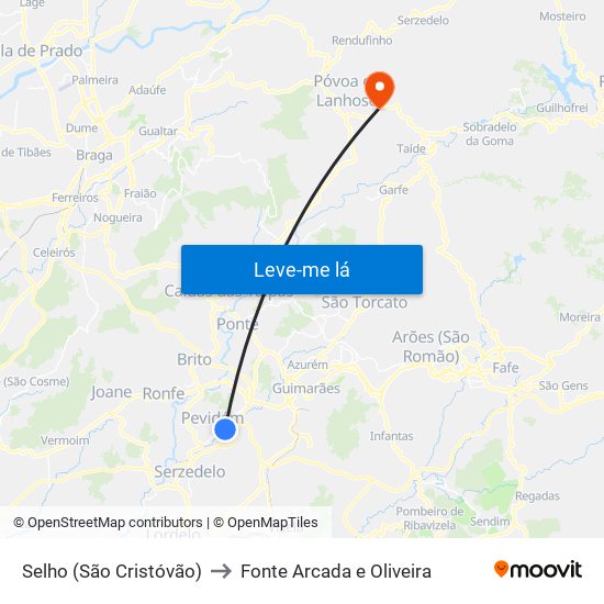 Selho (São Cristóvão) to Fonte Arcada e Oliveira map