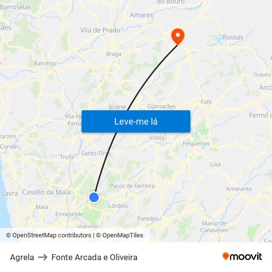 Agrela to Fonte Arcada e Oliveira map