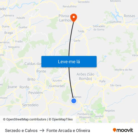 Serzedo e Calvos to Fonte Arcada e Oliveira map