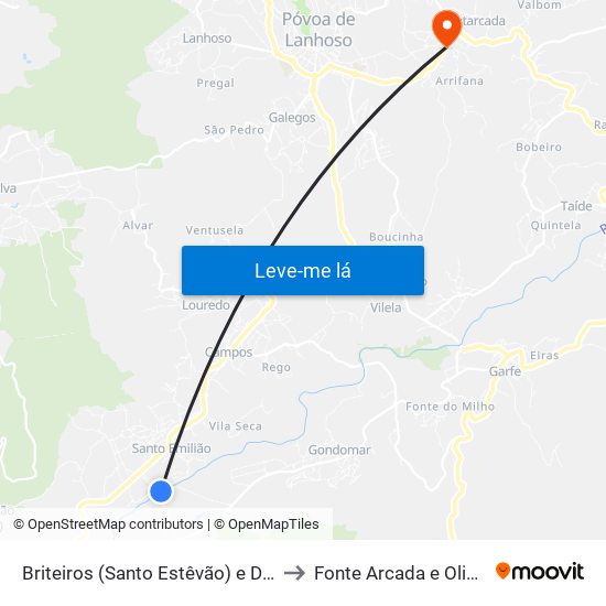 Briteiros (Santo Estêvão) e Donim to Fonte Arcada e Oliveira map