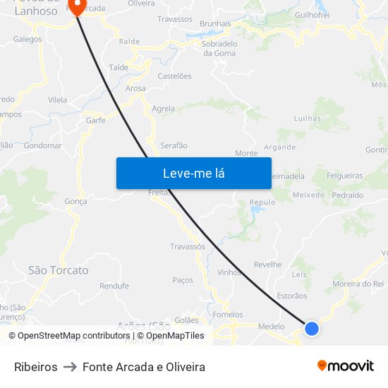 Ribeiros to Fonte Arcada e Oliveira map