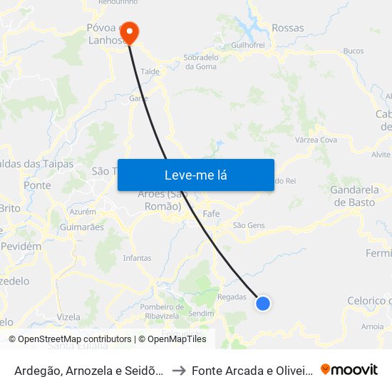 Ardegão, Arnozela e Seidões to Fonte Arcada e Oliveira map