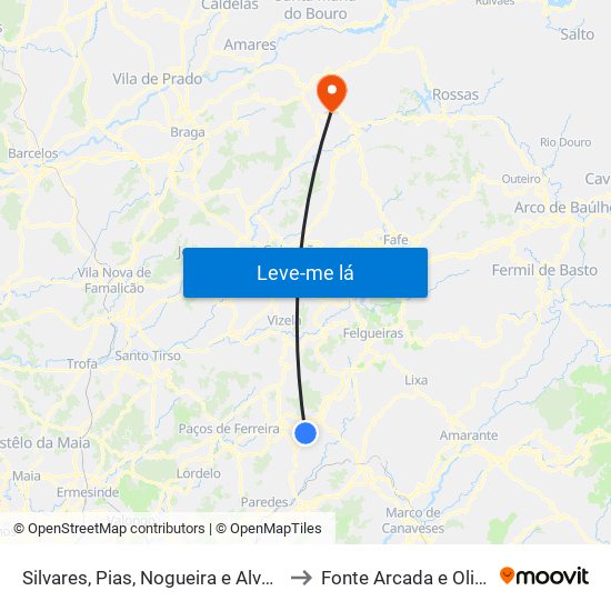 Silvares, Pias, Nogueira e Alvarenga to Fonte Arcada e Oliveira map