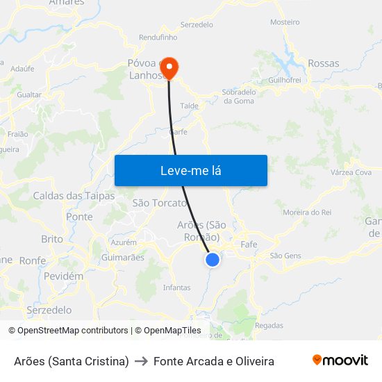 Arões (Santa Cristina) to Fonte Arcada e Oliveira map