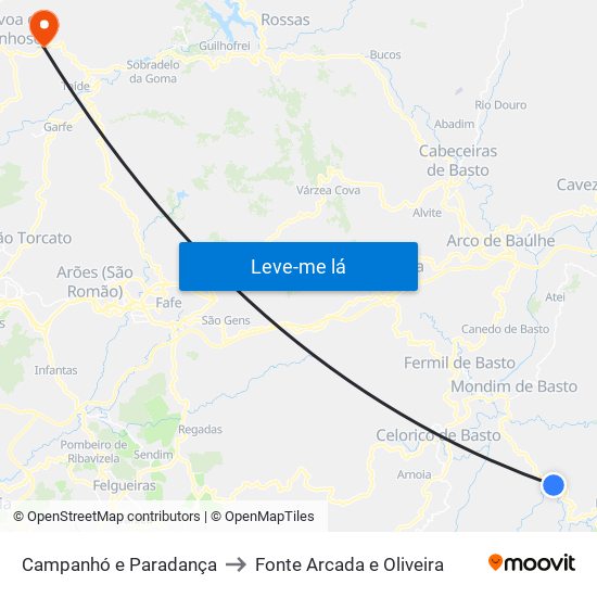 Campanhó e Paradança to Fonte Arcada e Oliveira map