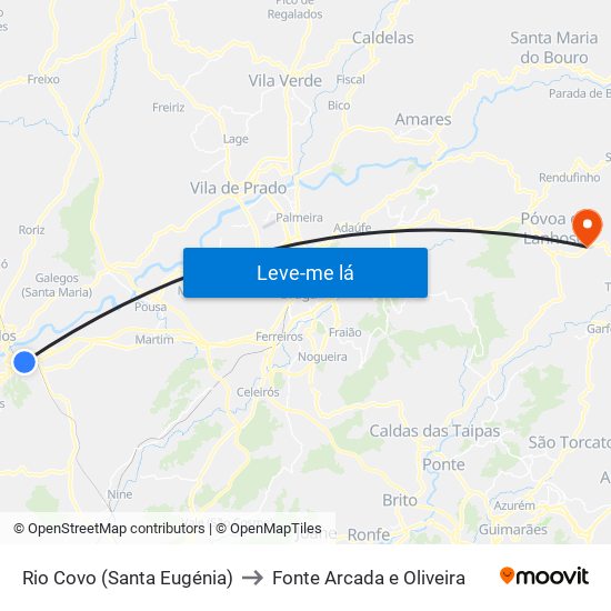 Rio Covo (Santa Eugénia) to Fonte Arcada e Oliveira map