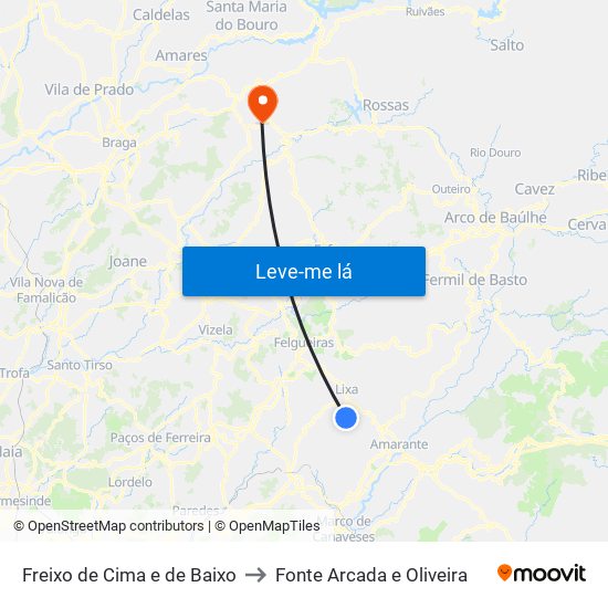 Freixo de Cima e de Baixo to Fonte Arcada e Oliveira map