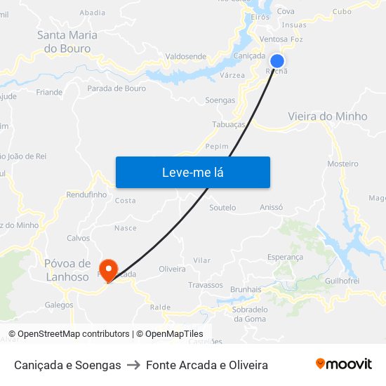 Caniçada e Soengas to Fonte Arcada e Oliveira map