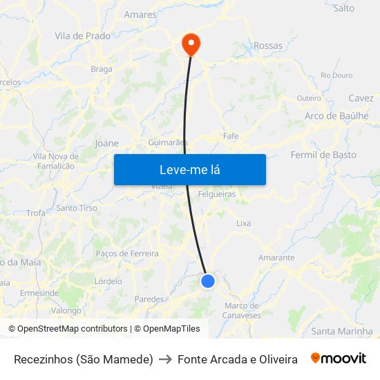 Recezinhos (São Mamede) to Fonte Arcada e Oliveira map