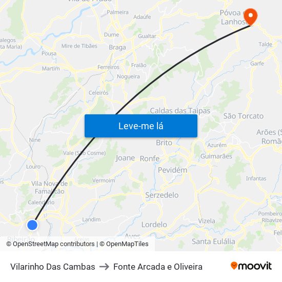 Vilarinho Das Cambas to Fonte Arcada e Oliveira map
