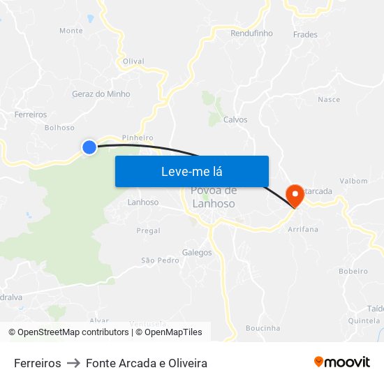 Ferreiros to Fonte Arcada e Oliveira map