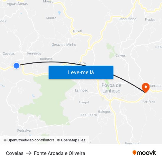 Covelas to Fonte Arcada e Oliveira map