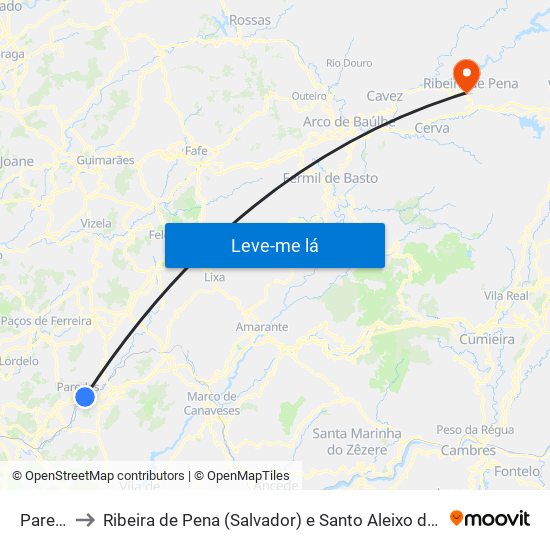 Paredes to Ribeira de Pena (Salvador) e Santo Aleixo de Além-Tâmega map