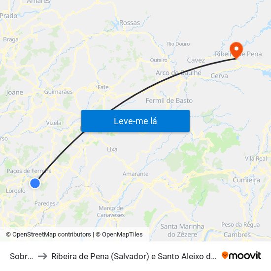 Sobrosa to Ribeira de Pena (Salvador) e Santo Aleixo de Além-Tâmega map