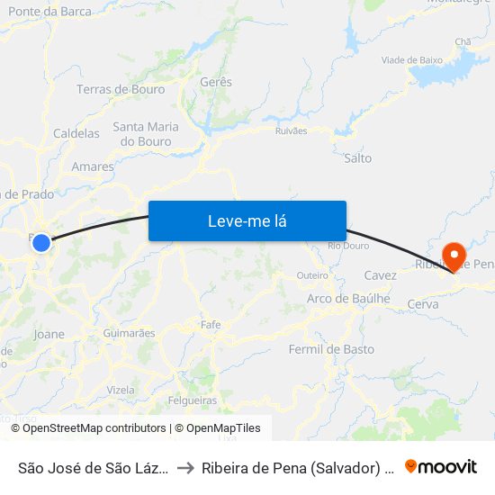 São José de São Lázaro e São João do Souto to Ribeira de Pena (Salvador) e Santo Aleixo de Além-Tâmega map