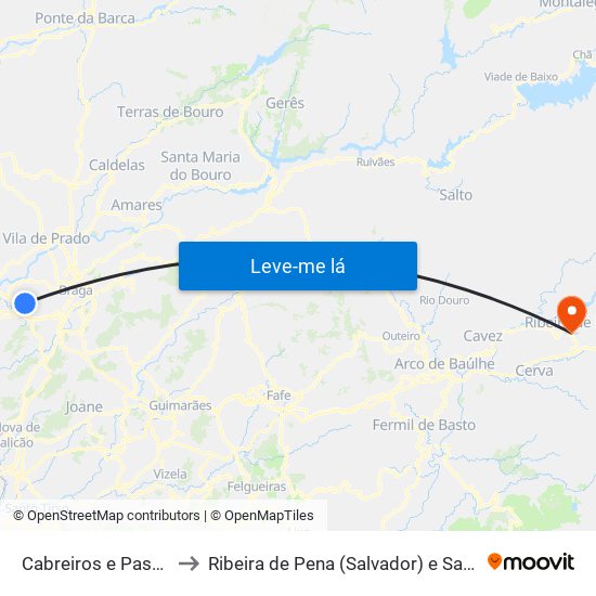 Cabreiros e Passos (São Julião) to Ribeira de Pena (Salvador) e Santo Aleixo de Além-Tâmega map