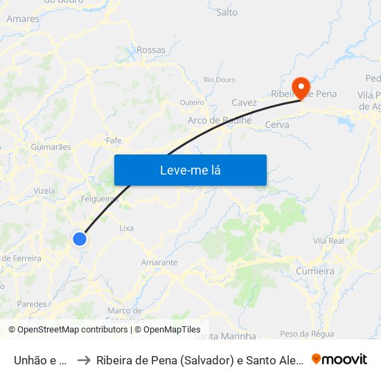 Unhão e Lordelo to Ribeira de Pena (Salvador) e Santo Aleixo de Além-Tâmega map