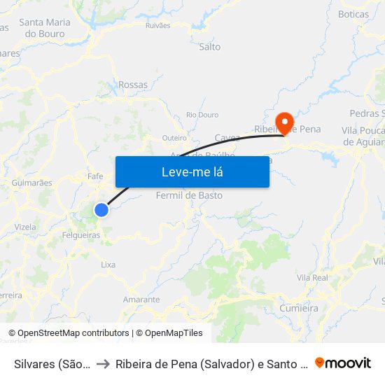Silvares (São Martinho) to Ribeira de Pena (Salvador) e Santo Aleixo de Além-Tâmega map