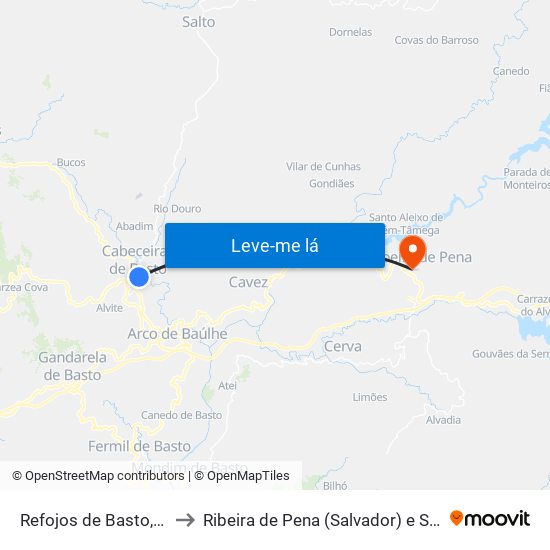 Refojos de Basto, Outeiro e Painzela to Ribeira de Pena (Salvador) e Santo Aleixo de Além-Tâmega map