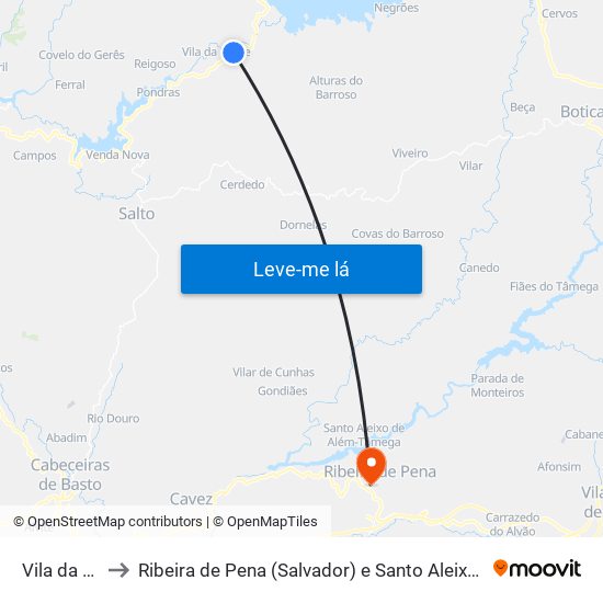 Vila da Ponte to Ribeira de Pena (Salvador) e Santo Aleixo de Além-Tâmega map