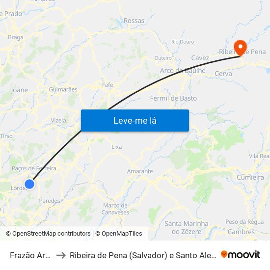Frazão Arreigada to Ribeira de Pena (Salvador) e Santo Aleixo de Além-Tâmega map