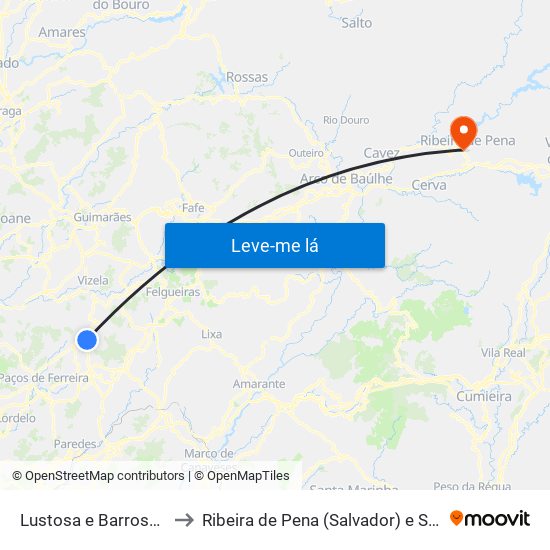 Lustosa e Barrosas (Santo Estêvão) to Ribeira de Pena (Salvador) e Santo Aleixo de Além-Tâmega map