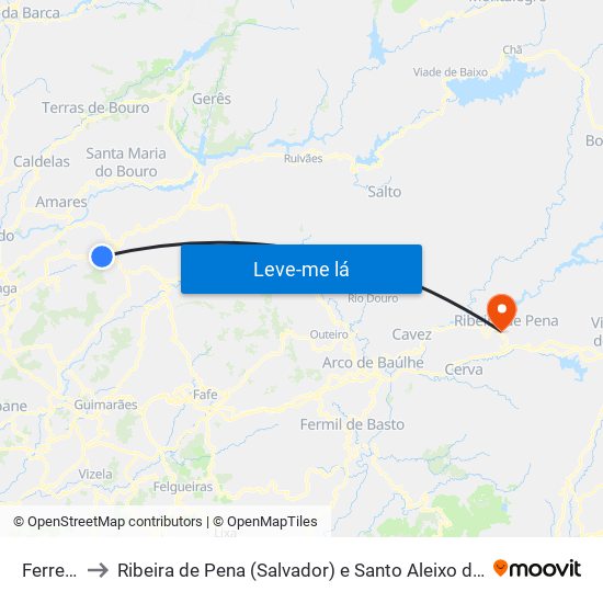 Ferreiros to Ribeira de Pena (Salvador) e Santo Aleixo de Além-Tâmega map